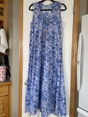 Blue Paisley Sleeveless Maxi Dress with Tie Neck